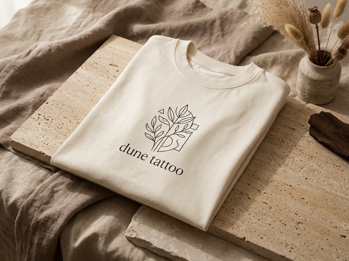 Camiseta Heavyweight Trace & Form en color crudo marfil sobre piedra travertino